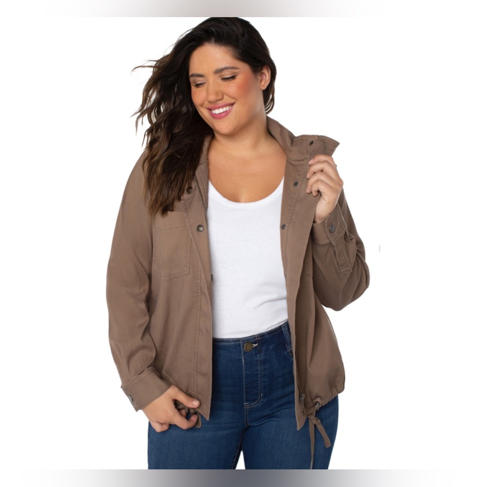 Liverpool Cotton Canvas Plus Size Cinch Waist Utility Jacket Soft Girl Chic Tan